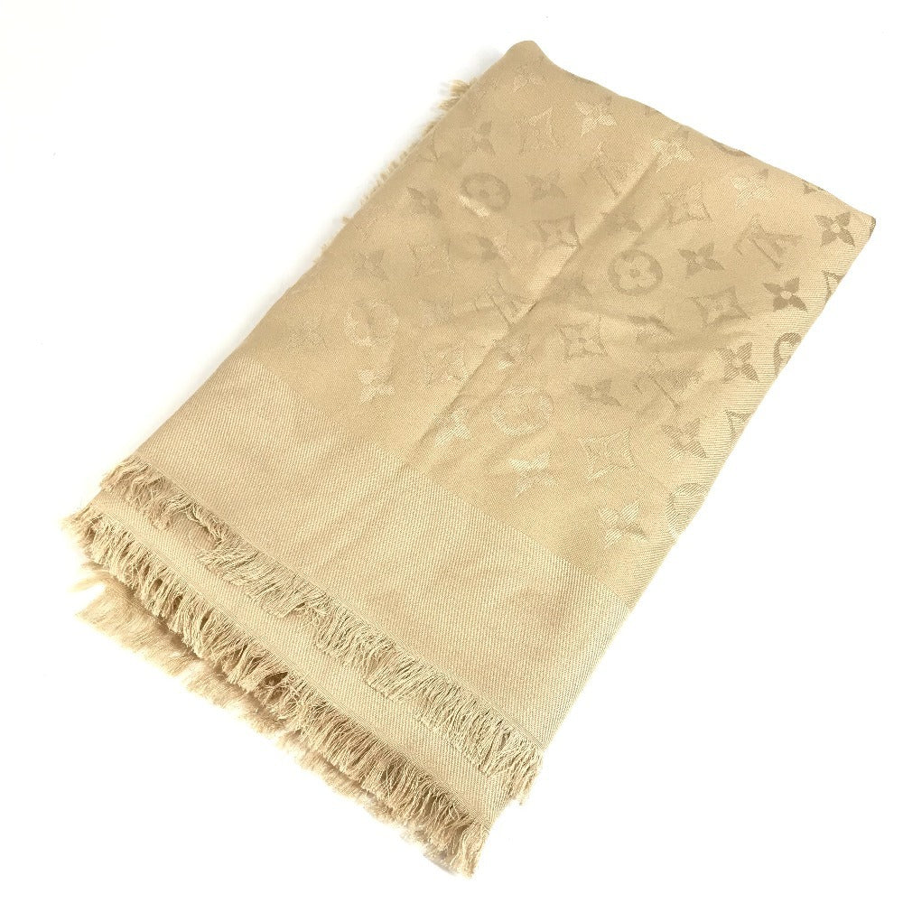 LOUIS VUITTON Monogram Large Apparel Accessory Stole Fringe Muffler Shawl Wool Unisex Beige