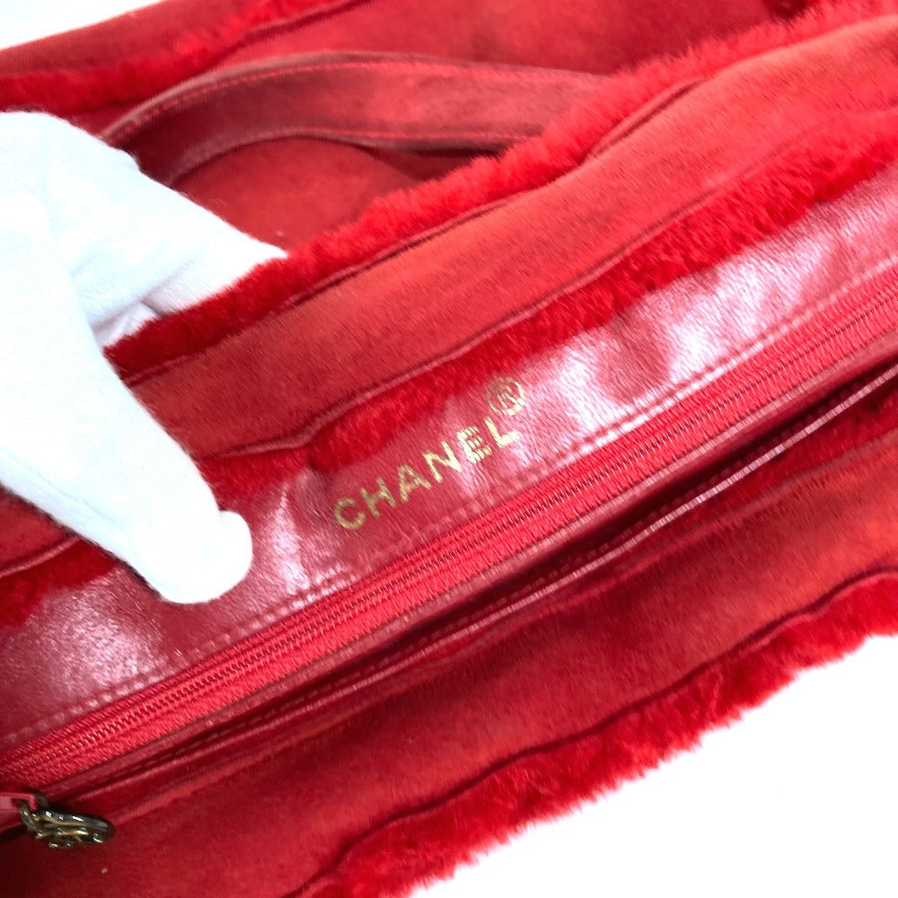 CHANEL Vintage Logo Fur Bag Shoulder Tote Bag Shoulder Bag Fur Women's Red