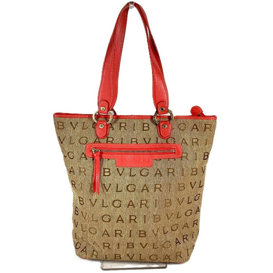 BVLGARI ロゴマニア ロゴ 縦型 肩掛け カバン トートバッグ ショルダーバッグ レザー/キャンバス ユニセックス ベージュ
