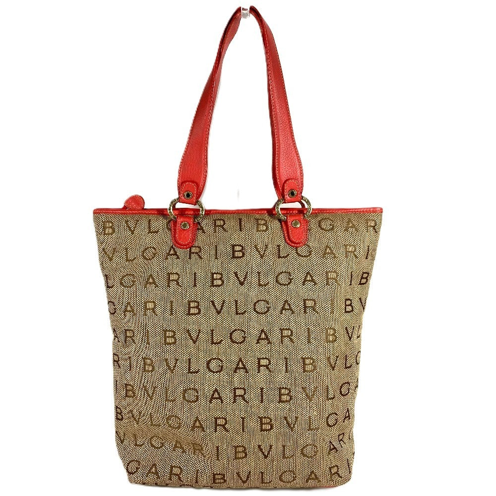 BVLGARI ロゴマニア ロゴ 縦型 肩掛け カバン トートバッグ ショルダーバッグ レザー/キャンバス ユニセックス ベージュ