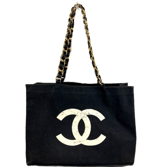 CHANEL ロゴ CC ココマーク カバン トートバッグ 肩掛け Wチェーン チェーンバッグ ショルダーバッグ キャンバス レディース ブラック