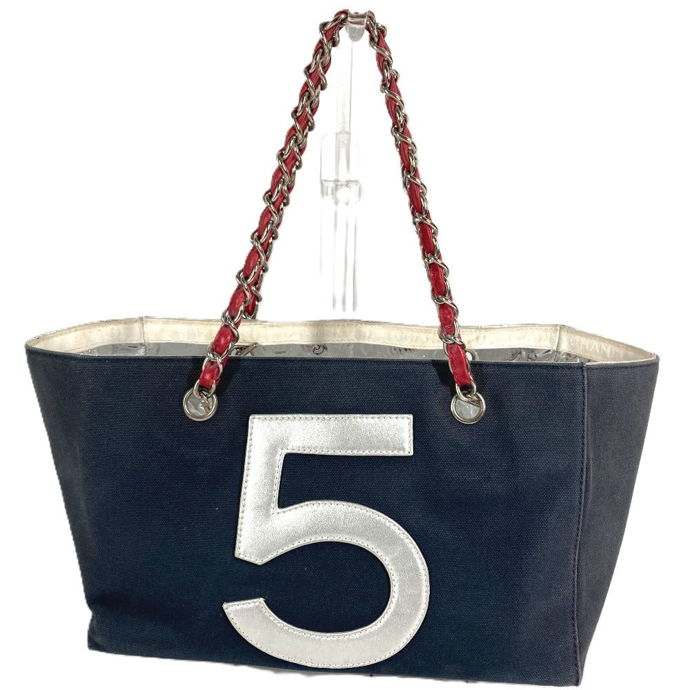 CHANEL NO5 ロゴ CC ココマーク カバン トートバッグ 肩掛け Wチェーン チェーンバッグ ショルダーバッグ レザー/キャンバス レディース ネイビー