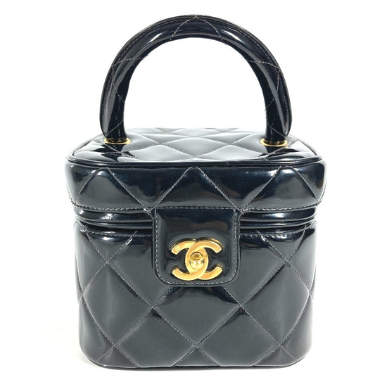 CHANEL ヴィンテージ CC ココマーク ロゴ キルティング マトラッセ ハート型ミラー カバン バニティバッグ ハンドバッグ パテントレザー レディース ブラック