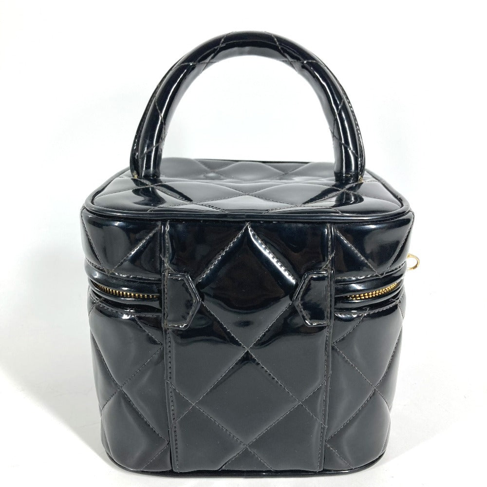 CHANEL ヴィンテージ CC ココマーク ロゴ キルティング マトラッセ ハート型ミラー カバン バニティバッグ ハンドバッグ パテントレザー レディース ブラック