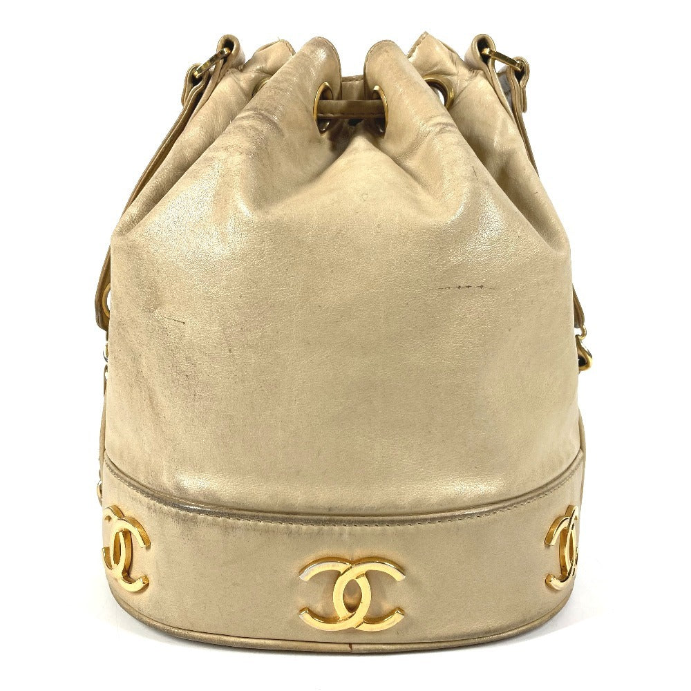 CHANEL ヴィンテージ トリプルココ CC ココマーク ロゴ 巾着 カバン 斜め掛け ポーチ付き ショルダーバッグ レザー ユニセックス ベージュ