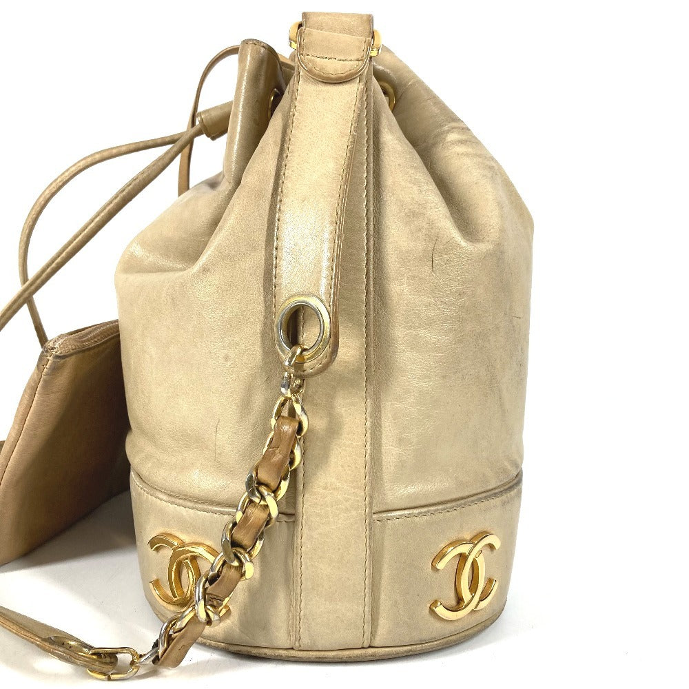 CHANEL ヴィンテージ トリプルココ CC ココマーク ロゴ 巾着 カバン 斜め掛け ポーチ付き ショルダーバッグ レザー ユニセックス ベージュ