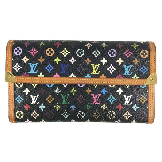 LOUIS VUITTON M92658 กระเป๋าสตางค์สามพับ Porte Tresor International กระเป๋าสตางค์แบบยาว กระเป๋าสตางค์หนังแคนวาส Monogram Multicolore Unisex สี Noir สีดำ