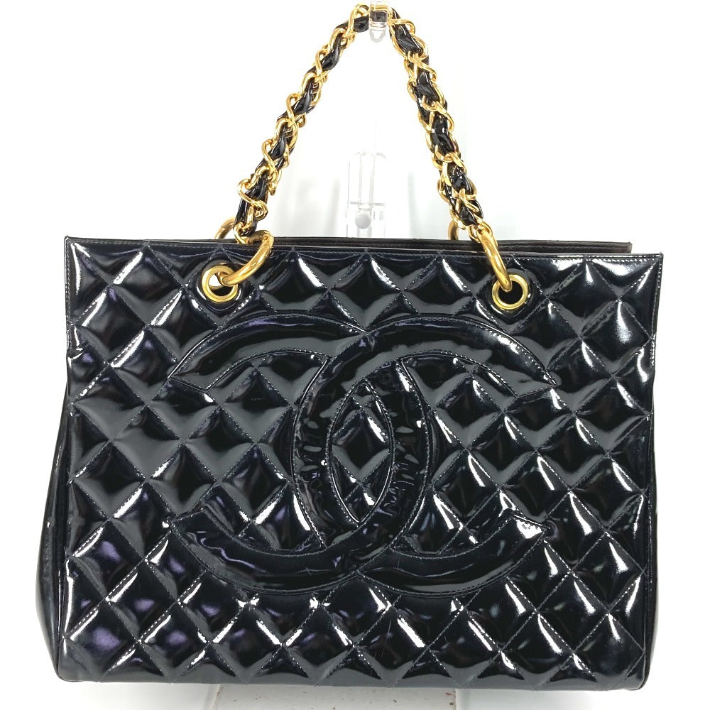 CHANEL ヴィンテージ マトラッセ キルティング CC ココマーク ロゴ トートバッグ カバン Wチェーン ハンドバッグ パテントレザー ユニセックス ブラック