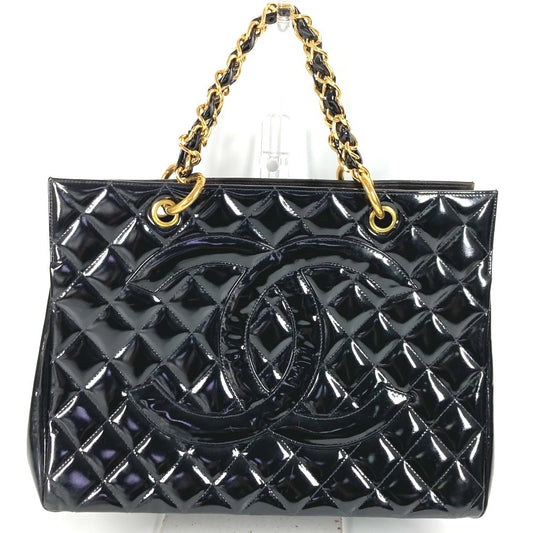 CHANEL ヴィンテージ マトラッセ キルティング CC ココマーク ロゴ トートバッグ カバン Wチェーン ハンドバッグ パテントレザー ユニセックス ブラック