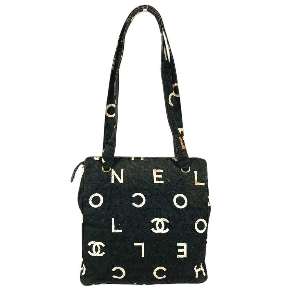 CHANEL ヴィンテージ CC ココマーク ロゴ 総柄 肩掛け トートバッグ カバン ショルダーバッグ コットン ユニセックス ブラック