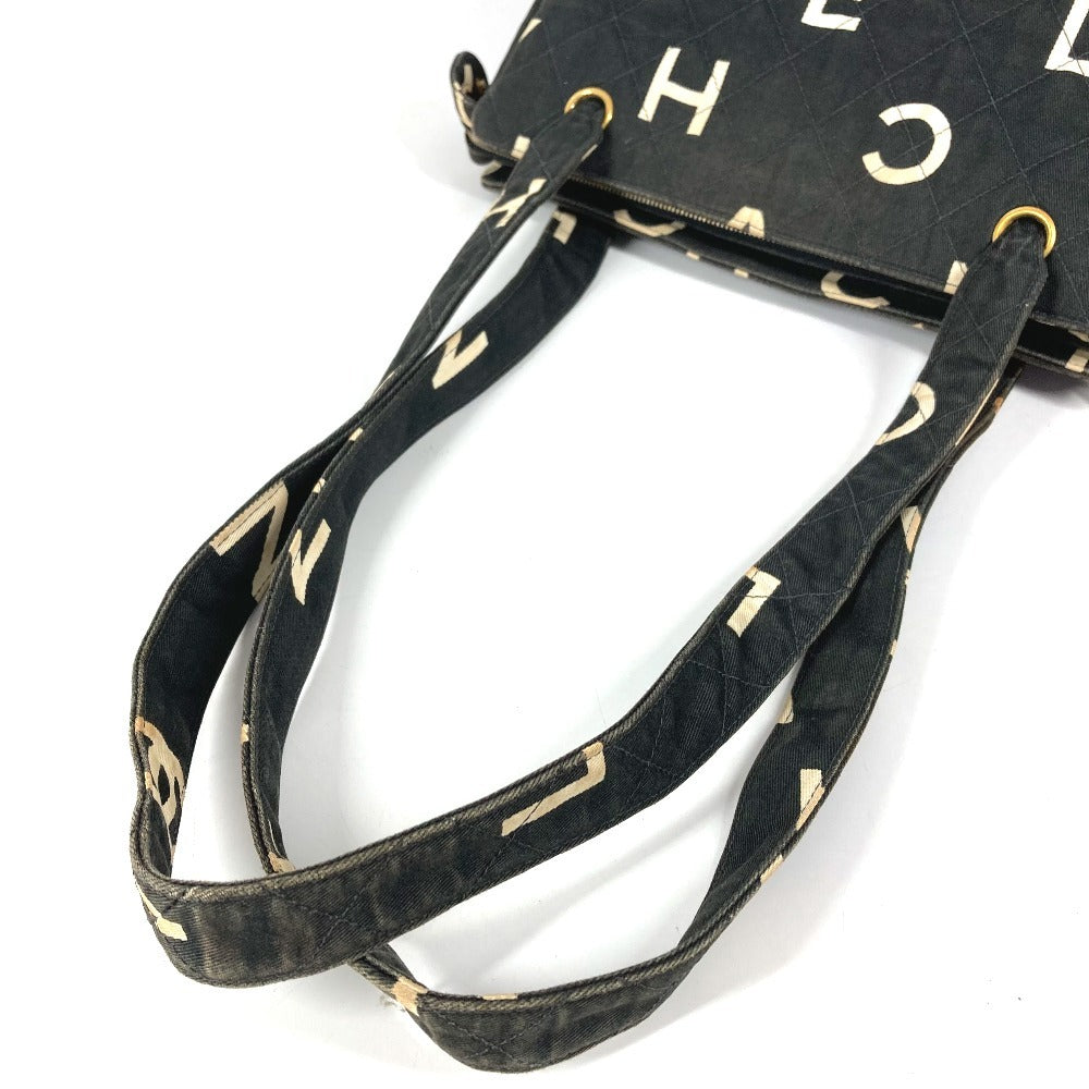 CHANEL ヴィンテージ CC ココマーク ロゴ 総柄 肩掛け トートバッグ カバン ショルダーバッグ コットン ユニセックス ブラック
