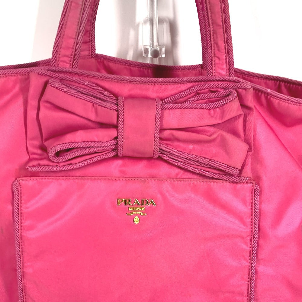PRADA 1BG065 トライアングルロゴ 三角ロゴ プレート ロゴ りぼん リボン カバン 肩掛け トートバッグ ショルダーバッグ ナイロン レディース ピンク
