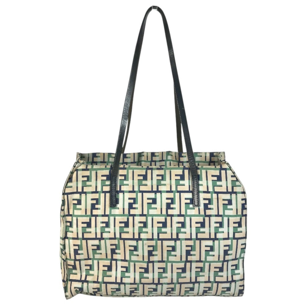 FENDI logo Bag Tote Bag shawl Shoulder Bag Leather/Canvas Green/Beige x blue Used