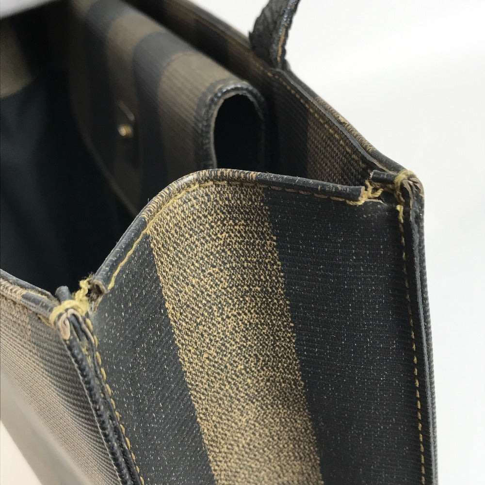 FENDI vintage Pecan Logo Stripe Tote Bag Vertical Tote Hand Bag PVC/Leather khaki Used