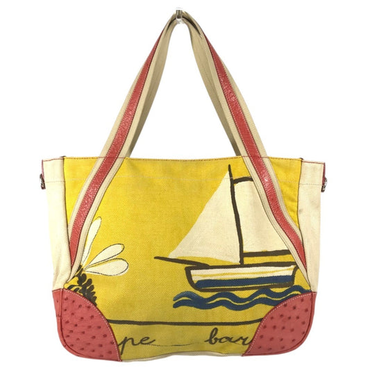 PRADA Logo Shoulder Bag Tote Bag Leather/Canvas yellow/Red x Beige Used