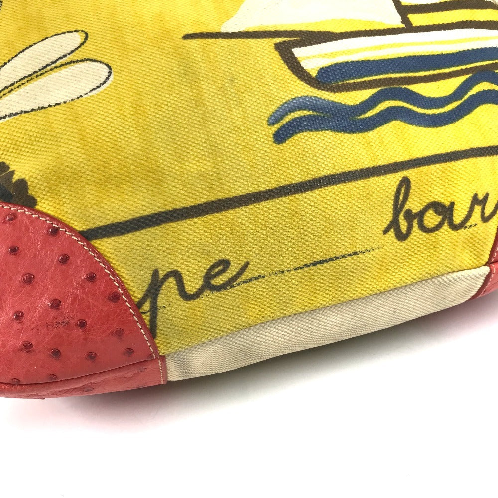 PRADA Logo Shoulder Bag Tote Bag Leather/Canvas yellow/Red x Beige Used
