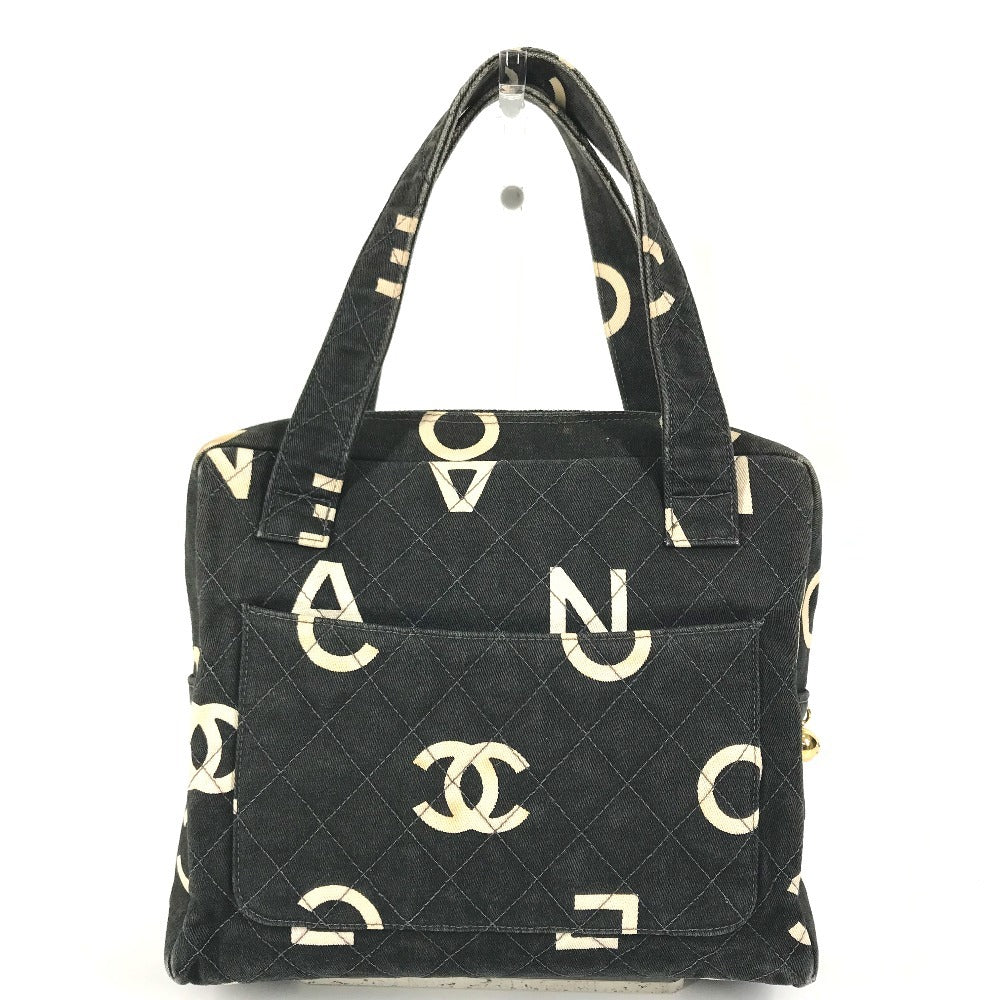 CHANEL vintage CC Mark logo quilted all-over pattern Bag Tote Bag Hand Bag Canvas Black/White Used