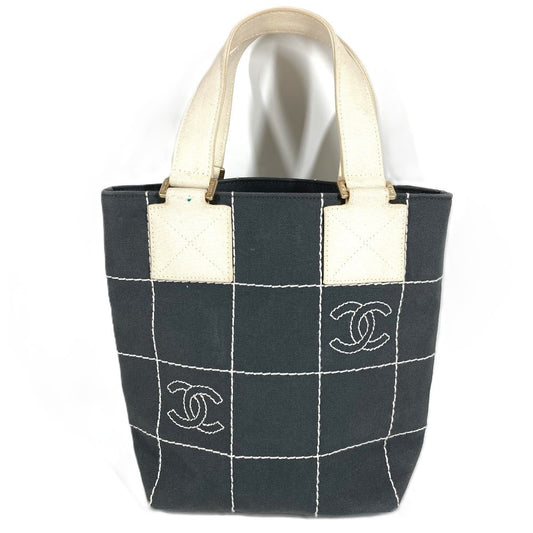 CHANEL CC CC Mark logo chocolate bar Bag Hand Bag Bicolor Tote Bag Canvas gray/White Used