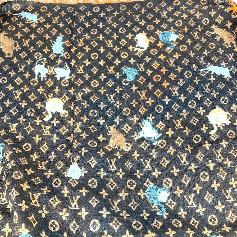 LOUIS VUITTON MP2265 大判 スカーフ エトール キャットグラム ネコ 猫 フリンジ ショール ストール ウール レディース ブラウン