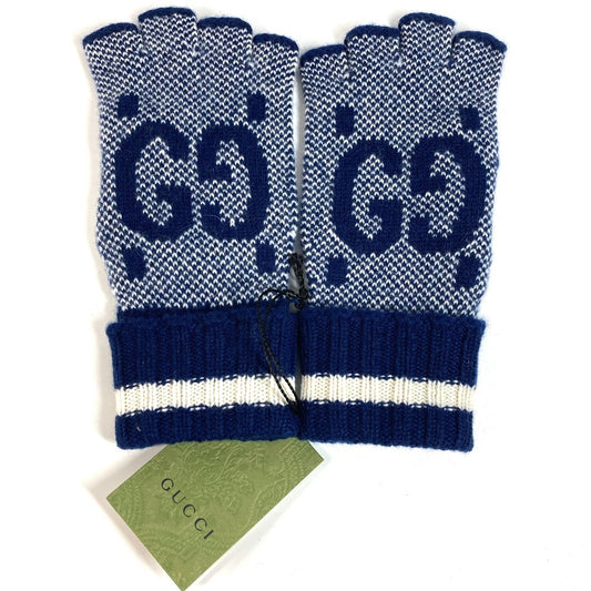 GUCCI 726586 ロゴ GG フィンガーレス グローブ アクセサリー ニット 手袋 カシミヤ レディース ネイビー