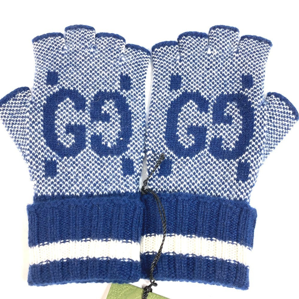 GUCCI 726586 ロゴ GG フィンガーレス グローブ アクセサリー ニット 手袋 カシミヤ レディース ネイビー