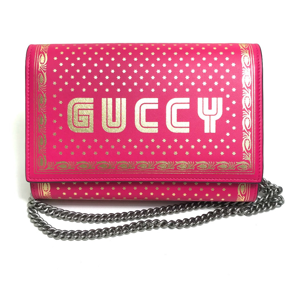 GUCCI 524967 GUCCY Logo Chain Wallet Bag, 2-Way Long Wallet, Leather, Women's, Pink/Gold