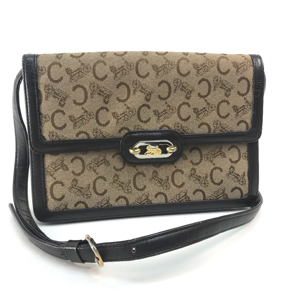 CELINE Carriage Hardware Logo Vintage Shoulder Bag Canvas/Leather Women's Beige/Dark Brown