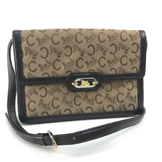 CELINE Carriage Hardware Logo Vintage Shoulder Bag Canvas/Leather Women's Beige/Dark Brown