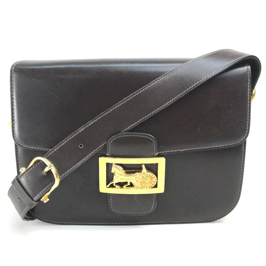 CELINE Vintage Carriage Hardware Shoulder Bag, Leather, Women's, Dark Brown with Gold Hardware