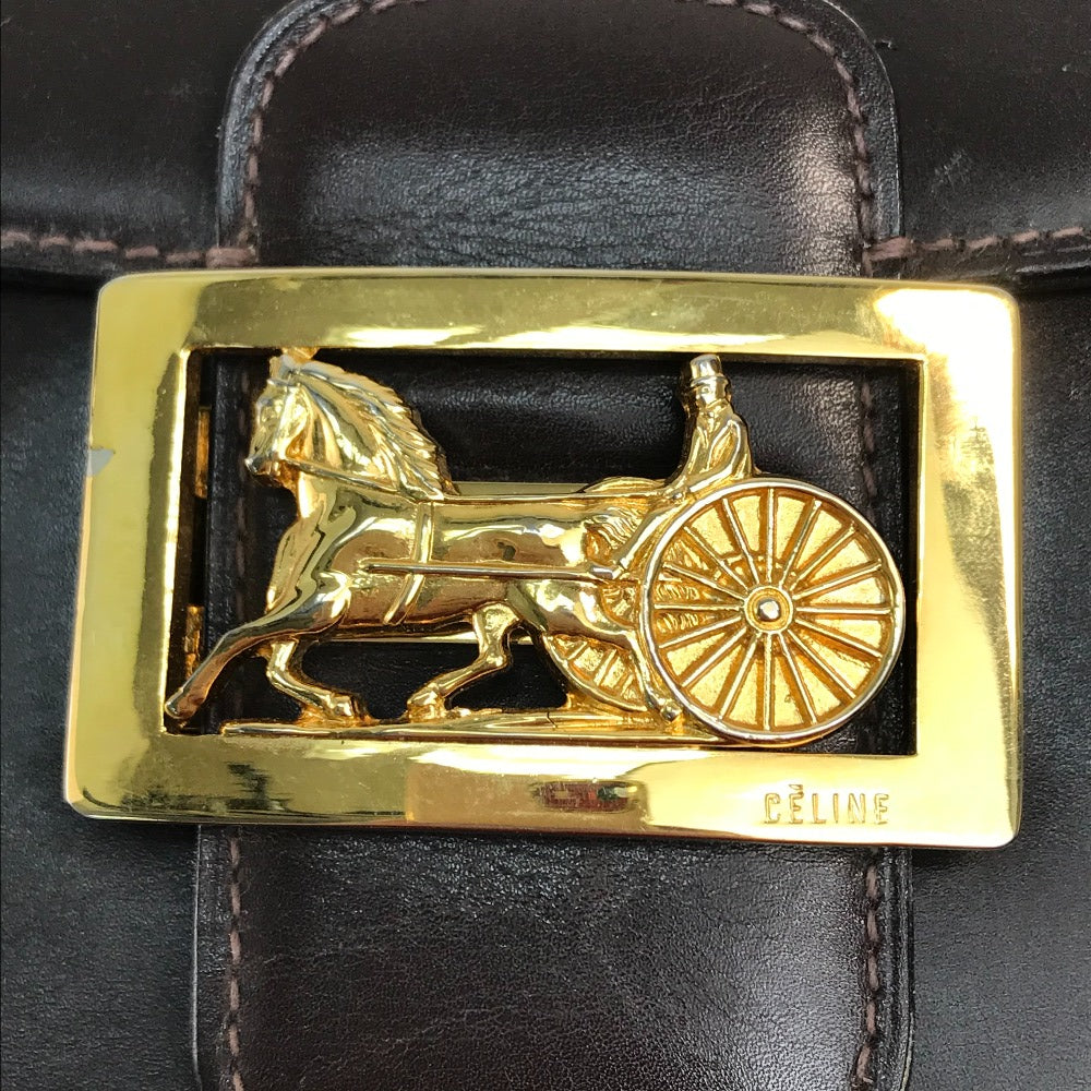 CELINE Vintage Carriage Hardware Shoulder Bag, Leather, Women's, Dark Brown with Gold Hardware