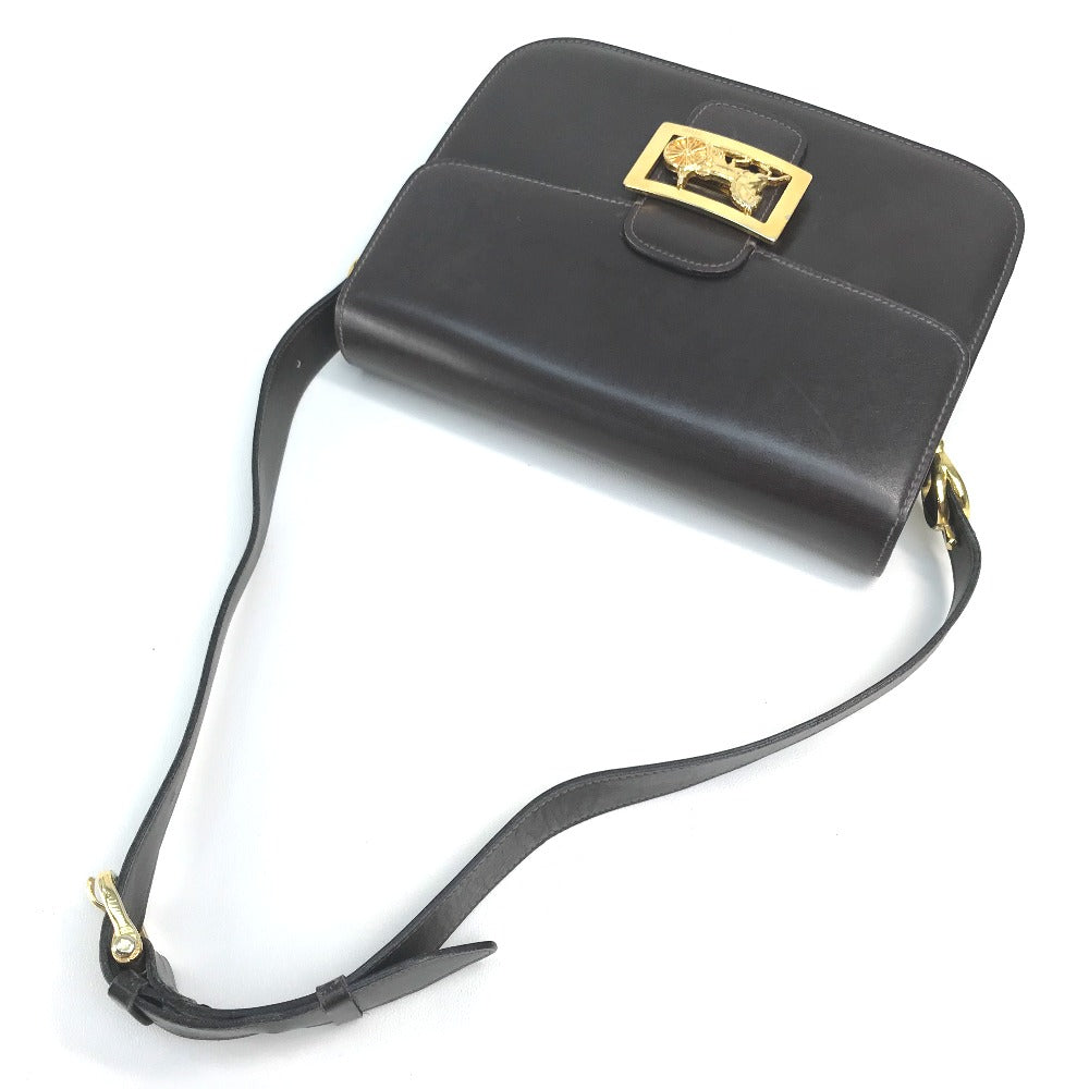 CELINE Vintage Carriage Hardware Shoulder Bag, Leather, Women's, Dark Brown with Gold Hardware