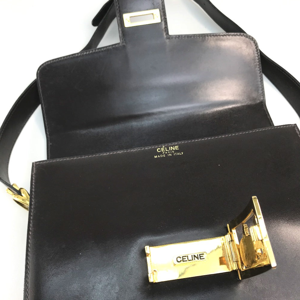 CELINE Vintage Carriage Hardware Shoulder Bag, Leather, Women's, Dark Brown with Gold Hardware
