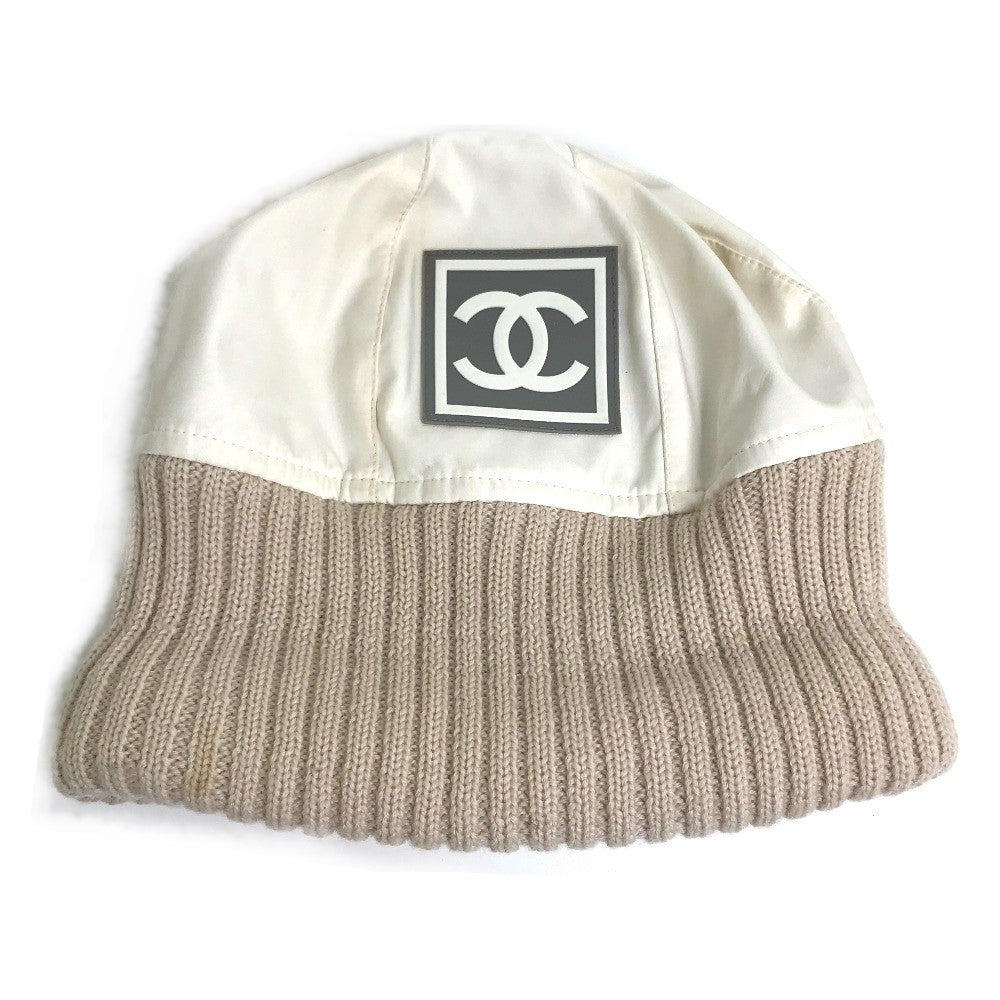 CHANEL CC Coco Mark Sport Line Logo Knit Cap, Polyester, Women's, Ivory/Beige