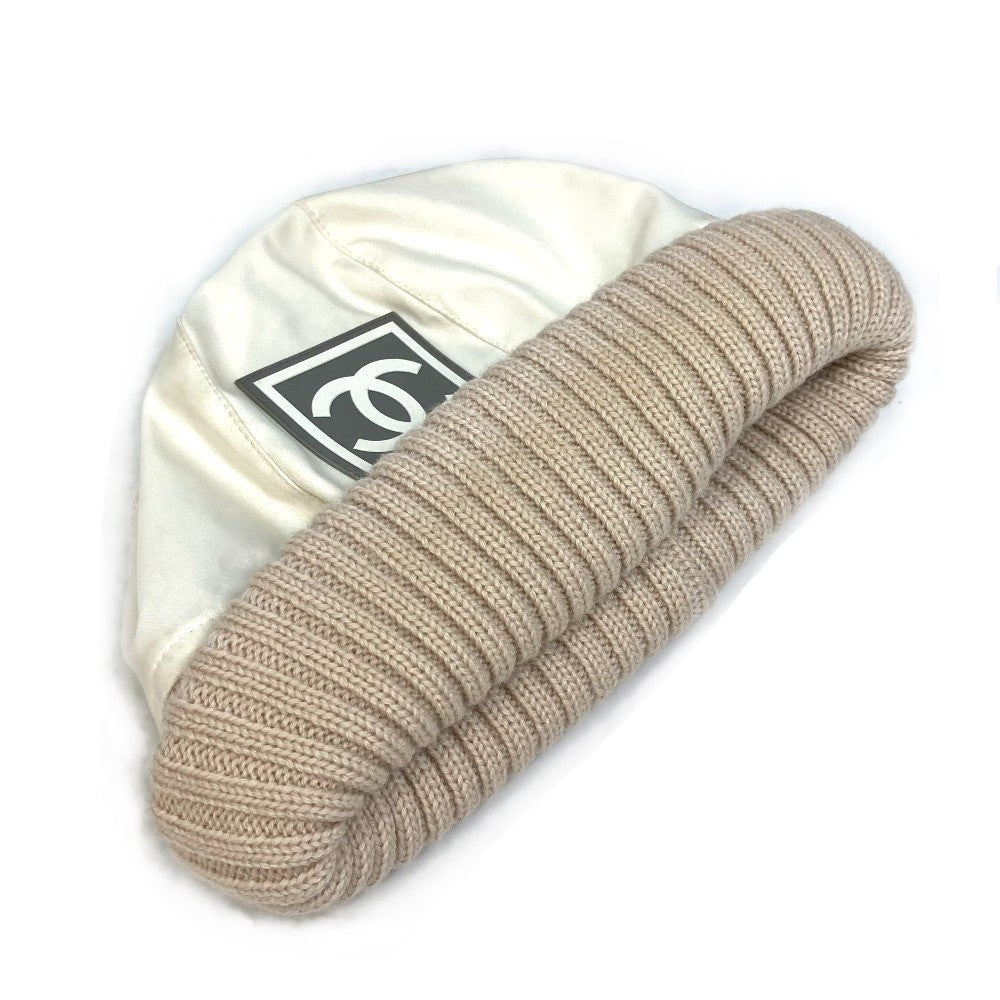 CHANEL CC Coco Mark Sport Line Logo Knit Cap, Polyester, Women's, Ivory/Beige