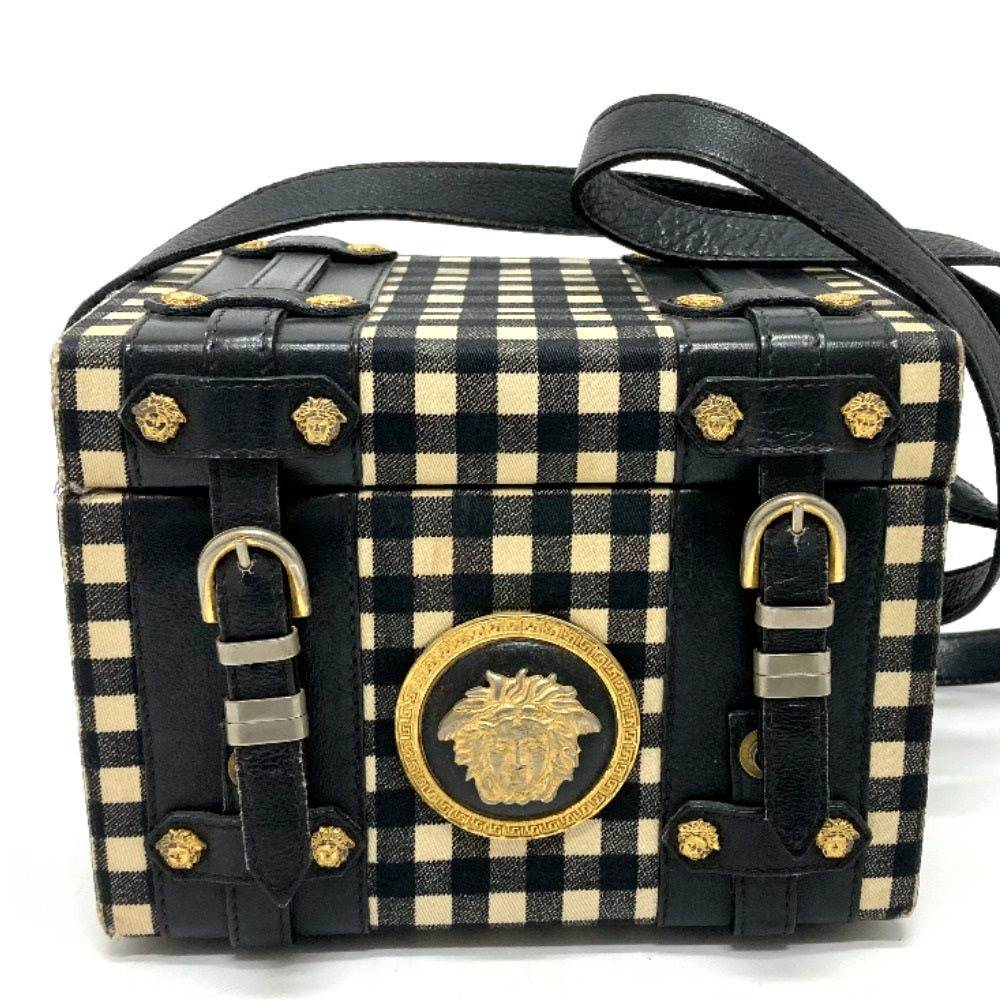 Gianni Versace Medusa Gingham Check Vintage Bag Shoulder Bag Vanity Bag Leather/Canvas Women's Black x White