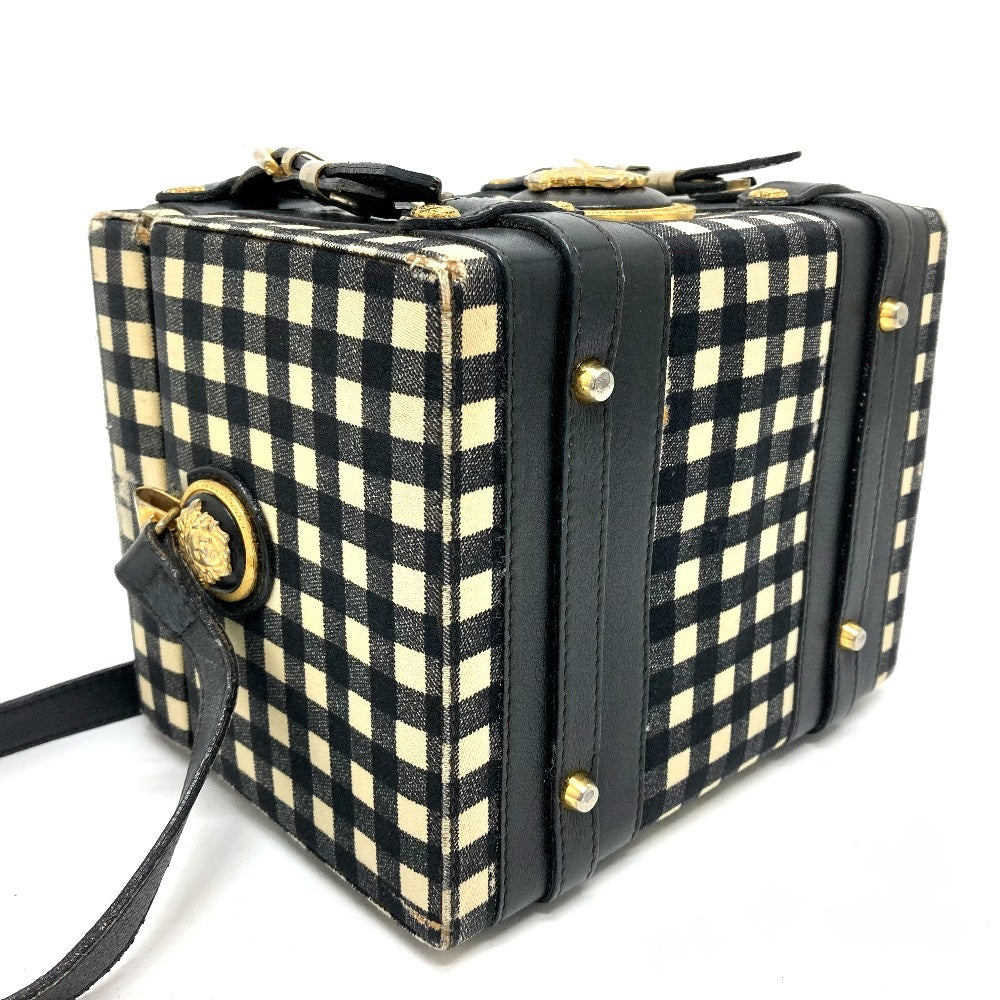 Gianni Versace Medusa Gingham Check Vintage Bag Shoulder Bag Vanity Bag Leather/Canvas Women's Black x White