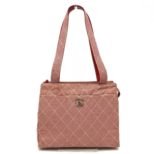 CHANEL CC Coco Mark Matelasse Gingham Check Tote Bag, Canvas Shoulder Bag, Women's, Red and White