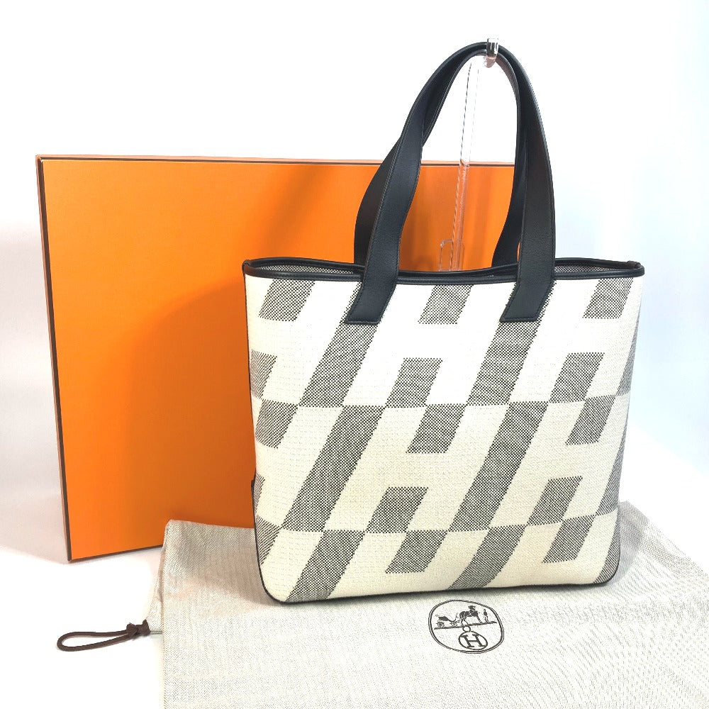 HERMES Cabas Bias H 40 Ambié GM Canvas Handbag Tote Bag, Women's, Black/White/Gray