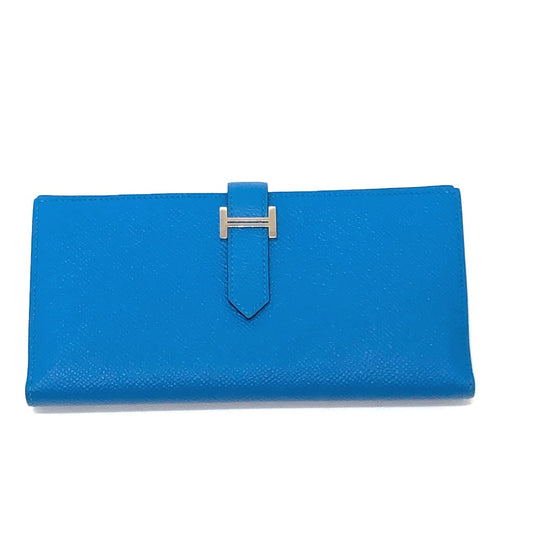 HERMES Bearn soufflet bifold long wallet in Epsom leather, Blue Zanzibar, for women