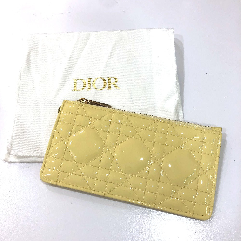 Dior Cannage Card Case, Business Card Holder, Patent Leather Coin Case, Enamel, Women's, Beige