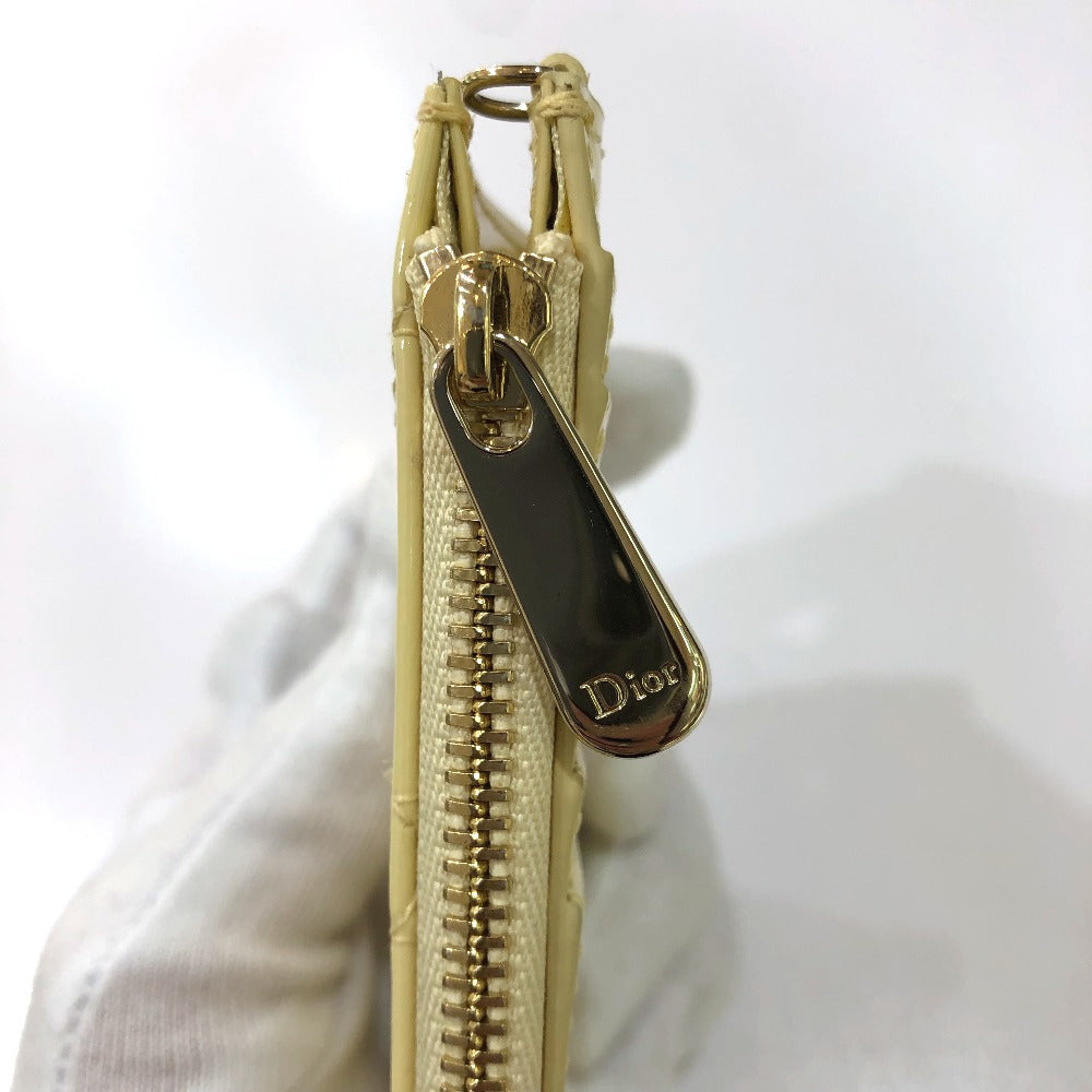 Dior Cannage Card Case, Business Card Holder, Patent Leather Coin Case, Enamel, Women's, Beige