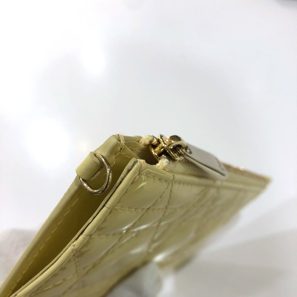 Dior Cannage Card Case, Business Card Holder, Patent Leather Coin Case, Enamel, Women's, Beige
