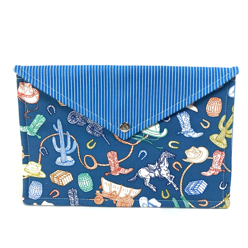 HERMES Flat Western Company GM Envelope Case Pouch Cotton Women's Blue