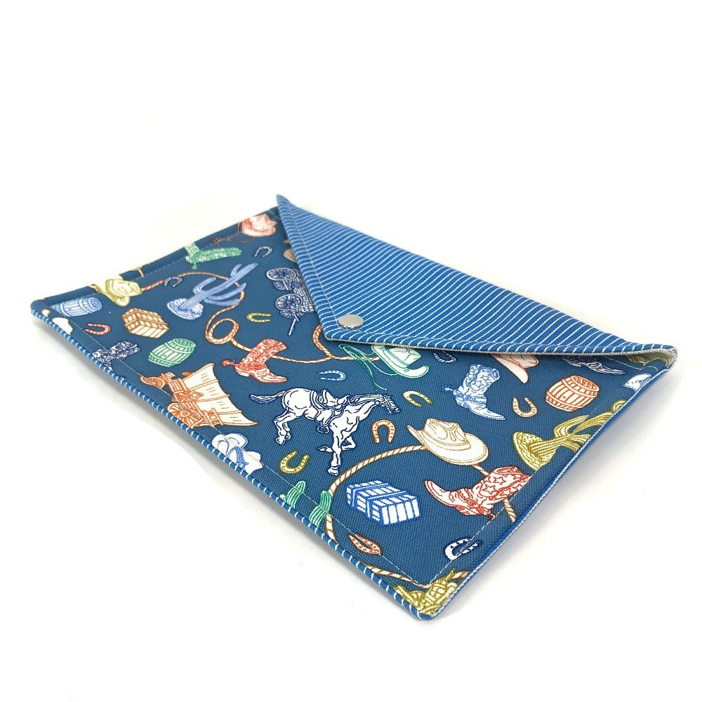 HERMES Flat Western Company GM Envelope Case Pouch Cotton Women's Blue