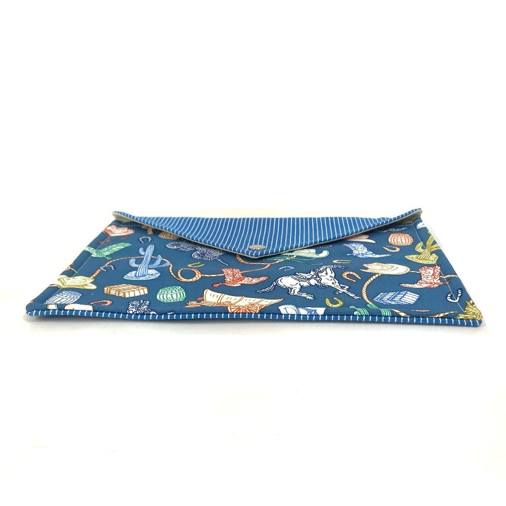 HERMES Flat Western Company GM Envelope Case Pouch Cotton Women's Blue