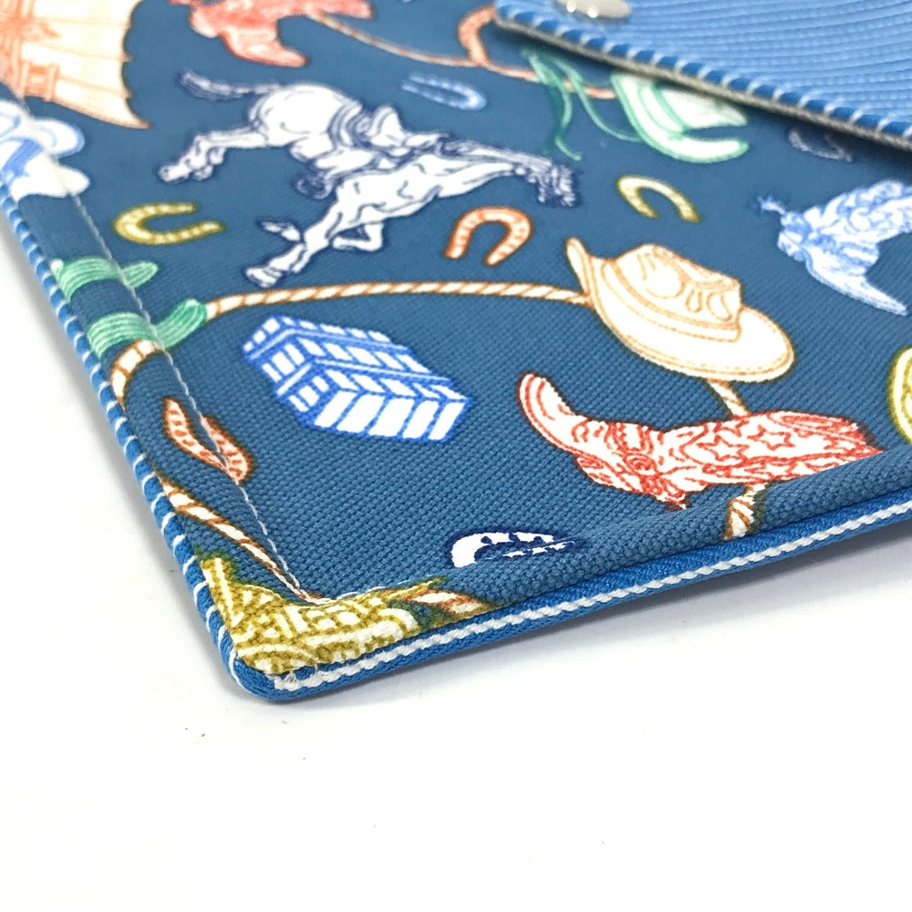 HERMES Flat Western Company GM Envelope Case Pouch Cotton Women's Blue