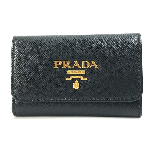 PRADA 1PG004 Logo Multicolor Key Ring 4-Ring Key Case in Saffiano Leather, Women's, Black and Pink