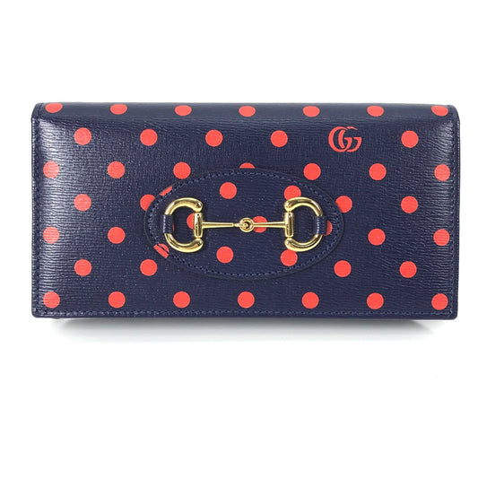 GUCCI 621892 Horsebit 1955 Dot Chain Wallet Shoulder Bag/Crossbody Wallet Leather Women's Navy x Red