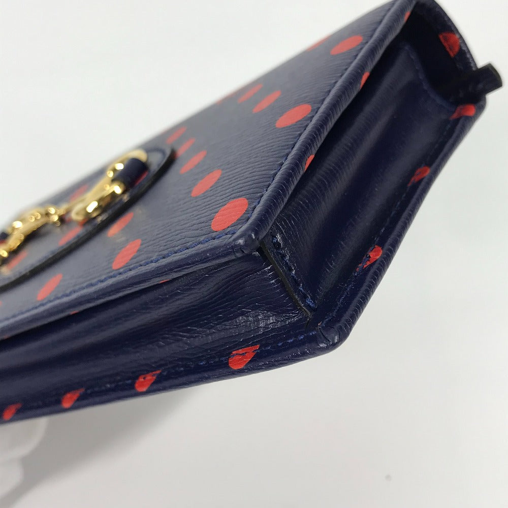 GUCCI 621892 Horsebit 1955 Dot Chain Wallet Shoulder Bag/Crossbody Wallet Leather Women's Navy x Red