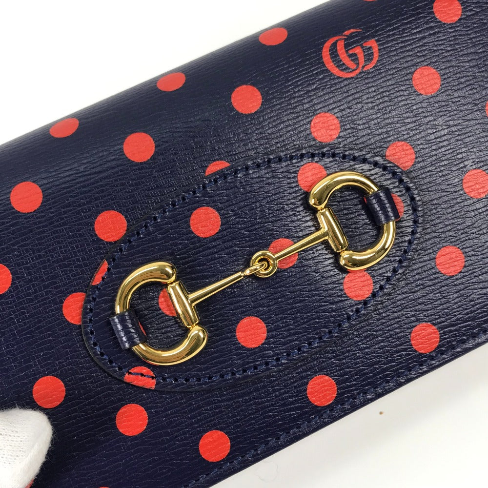 GUCCI 621892 Horsebit 1955 Dot Chain Wallet Shoulder Bag/Crossbody Wallet Leather Women's Navy x Red